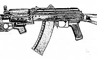 Ilustracja przedstawiająca granatnik GP-25 zamontowany na subkarabinku AKS-74U.